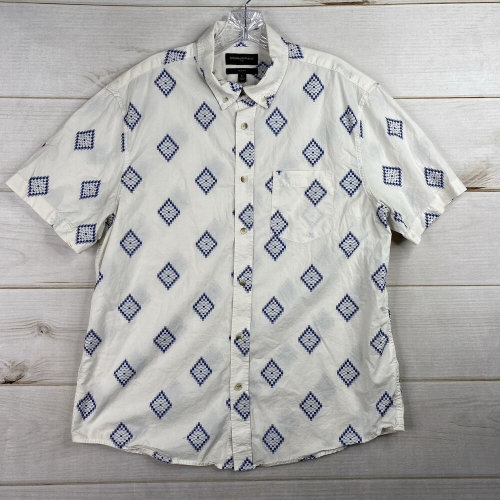 Banana Republic Mens Button Up Shirt L Slim Fit White Blue Geometric Print